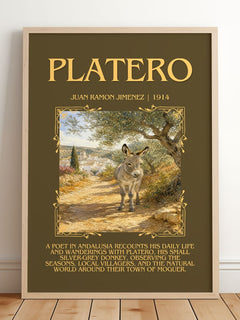Platero Minimalist Book Poster by Juan Ramón Jiménez – framed print leaning on a wooden floor