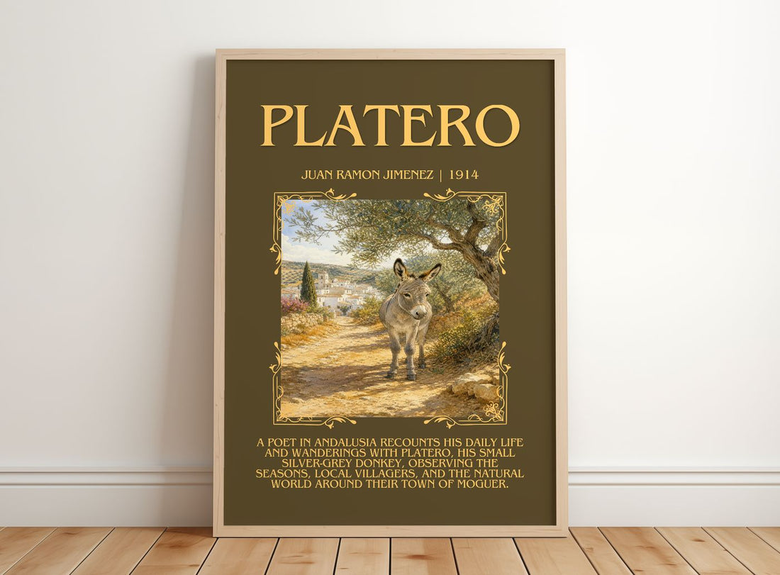 Platero Minimalist Book Poster by Juan Ramón Jiménez – framed print leaning on a wooden floor