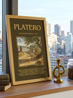 Platero Minimalist Book Poster by Juan Ramón Jiménez – framed print on a city-view windowsill