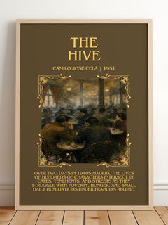 The Hive Minimalist Book Poster by Camilo José Cela – framed print leaning on a wooden floor