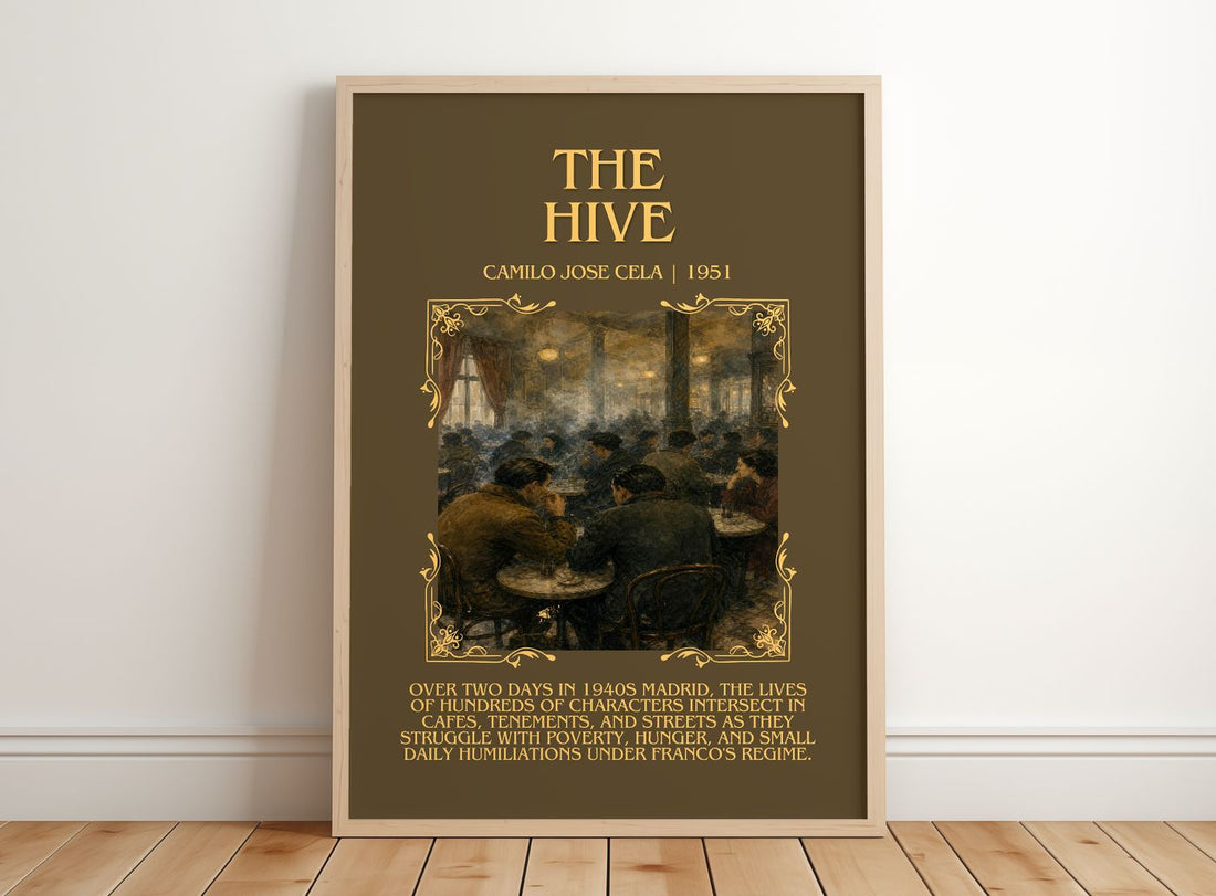 The Hive Minimalist Book Poster by Camilo José Cela – framed print leaning on a wooden floor