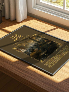 The Hive Minimalist Book Poster by Camilo José Cela – print on a sunlit desk
