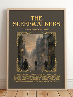 The Sleepwalkers Minimalist Book Poster by Hermann Broch – framed print leaning on a wooden floor