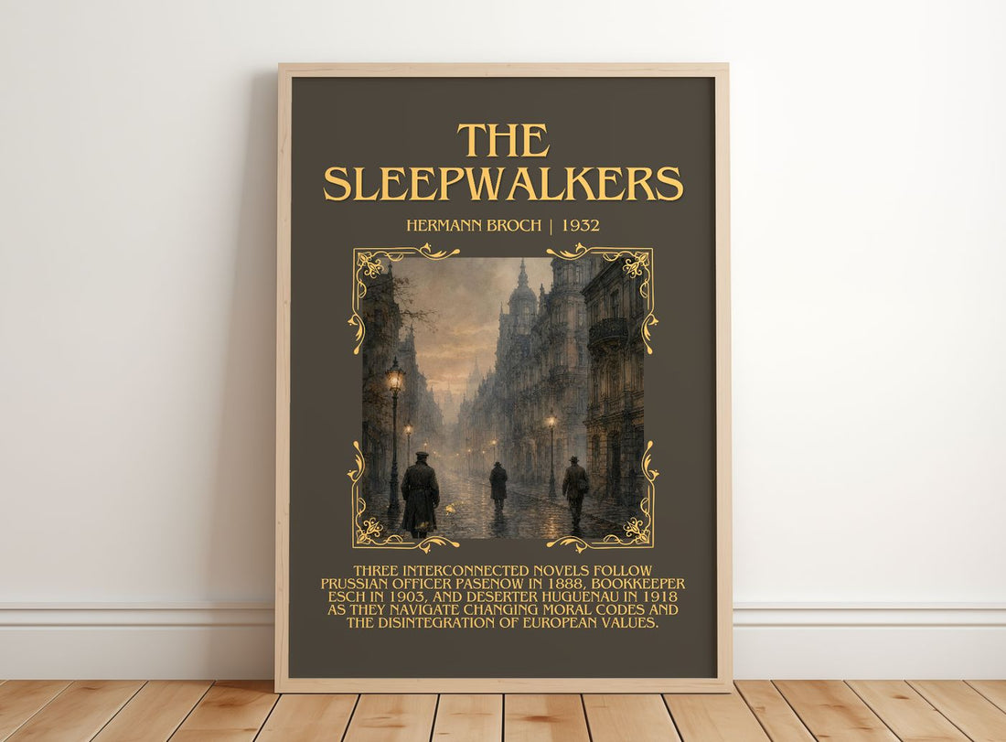 The Sleepwalkers Minimalist Book Poster by Hermann Broch – framed print leaning on a wooden floor