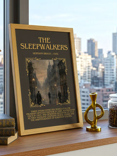 The Sleepwalkers Minimalist Book Poster by Hermann Broch – framed print on a city-view windowsill