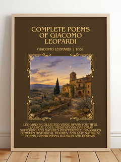 Complete Poems of Giacomo Leopardi Minimalist Book Poster by Giacomo Leopardi – framed print leaning on a wooden floor