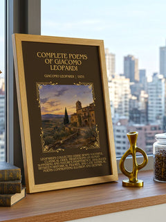 Complete Poems of Giacomo Leopardi Minimalist Book Poster by Giacomo Leopardi – framed print on a city-view windowsill
