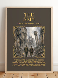 The Skin Minimalist Book Poster by Curzio Malaparte – framed print leaning on a wooden floor