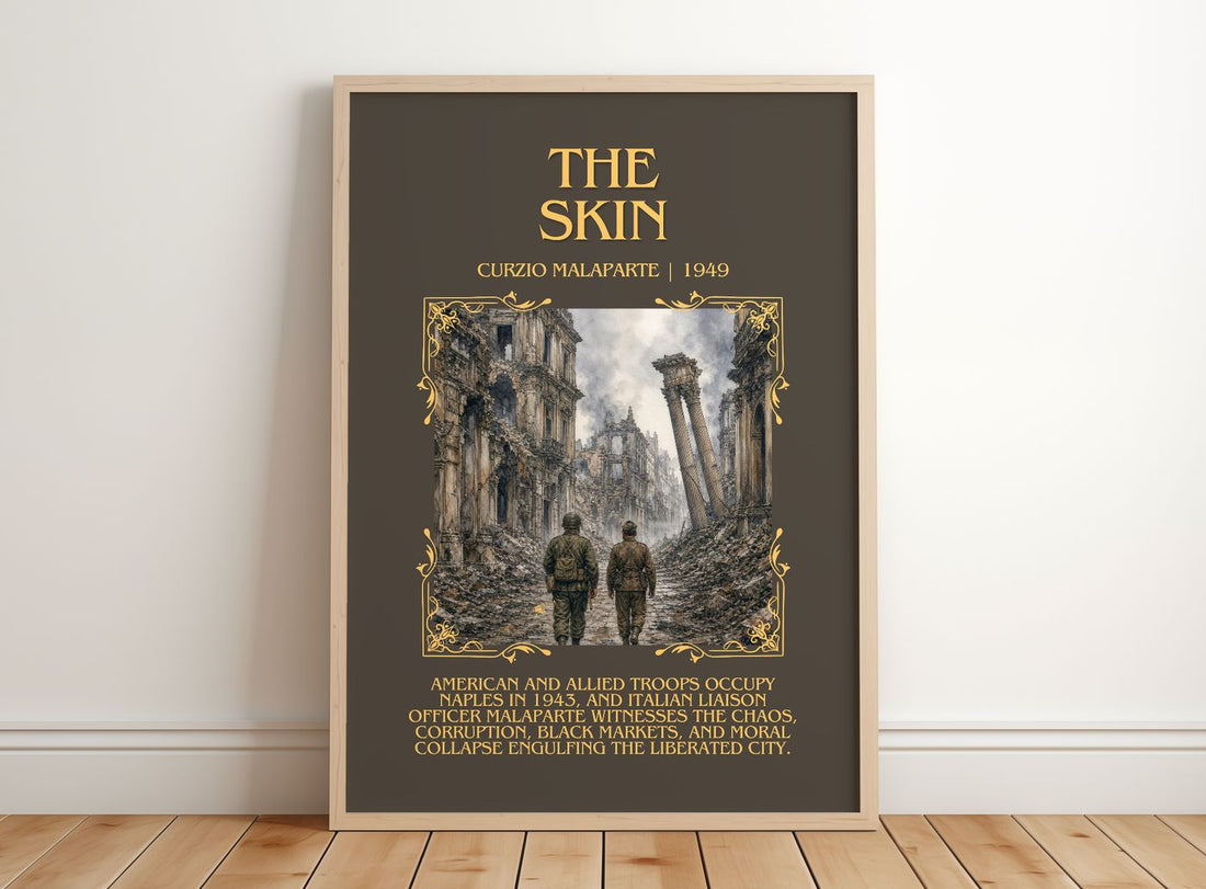 The Skin Minimalist Book Poster by Curzio Malaparte – framed print leaning on a wooden floor