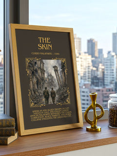 The Skin Minimalist Book Poster by Curzio Malaparte – framed print on a city-view windowsill