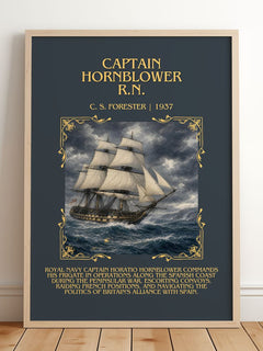 Captain Hornblower R.N. Minimalist Book Poster by C. S. Forester – framed print leaning on a wooden floor