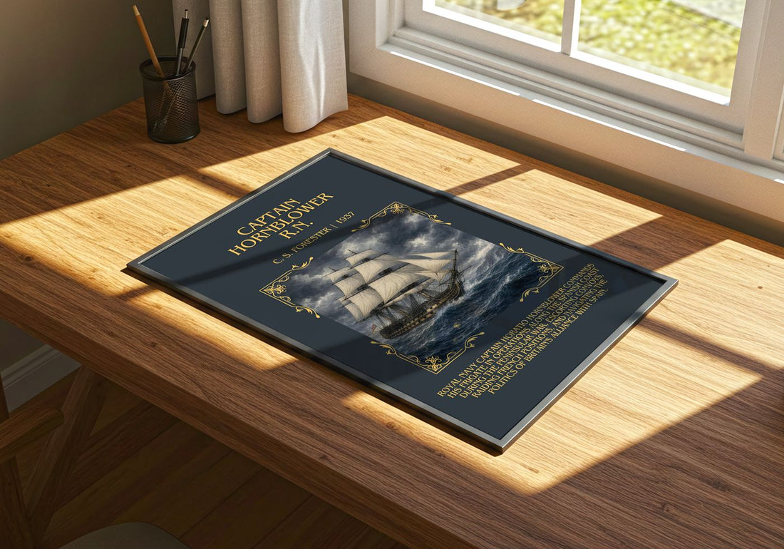 Captain Hornblower R.N. Minimalist Book Poster by C. S. Forester – print on a sunlit desk