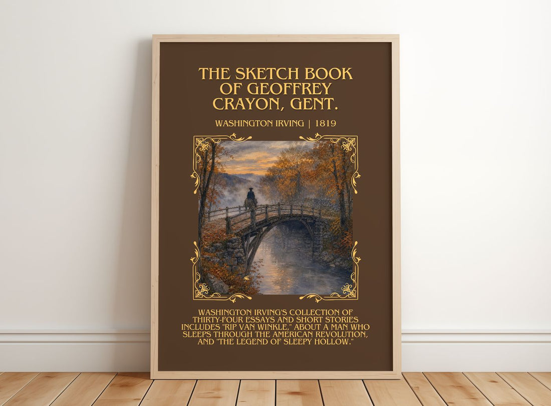 The Sketch Book Of Geoffrey Crayon, Gent. Minimalist Book Poster by Washington Irving – framed print leaning on a wooden floor