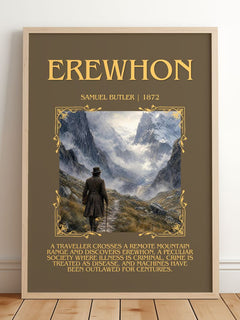 Erewhon Minimalist Book Poster by Samuel Butler – framed print leaning on a wooden floor