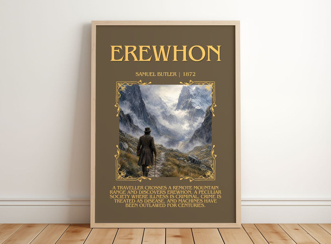 Erewhon Minimalist Book Poster by Samuel Butler – framed print leaning on a wooden floor
