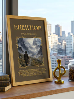 Erewhon Minimalist Book Poster by Samuel Butler – framed print on a city-view windowsill