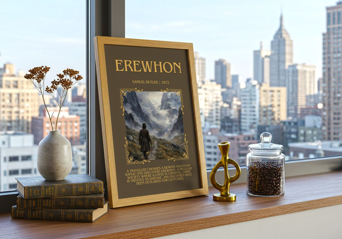 Erewhon Minimalist Book Poster by Samuel Butler – framed print on a city-view windowsill