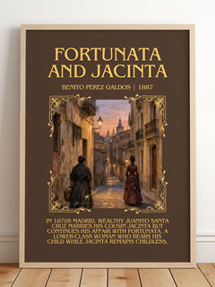 Fortunata and Jacinta Minimalist Book Poster by Benito Pérez Galdós – framed print leaning on a wooden floor