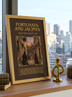 Fortunata and Jacinta Minimalist Book Poster by Benito Pérez Galdós – framed print on a city-view windowsill