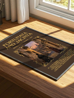 Fortunata and Jacinta Minimalist Book Poster by Benito Pérez Galdós – print on a sunlit desk