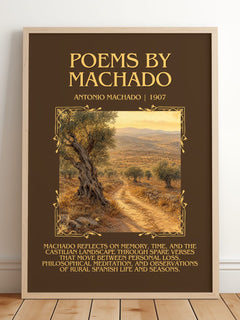 Poems by Machado Minimalist Book Poster by Antonio Machado – framed print leaning on a wooden floor