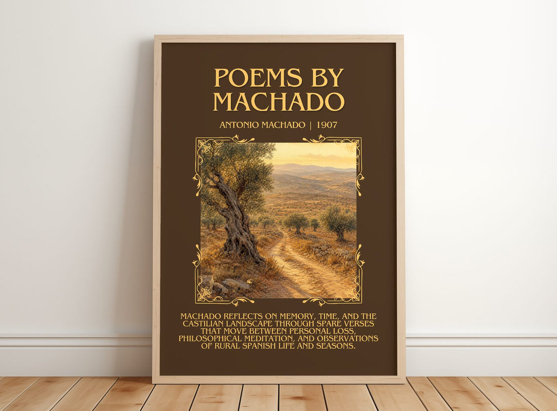 Poems by Machado Minimalist Book Poster by Antonio Machado – framed print leaning on a wooden floor