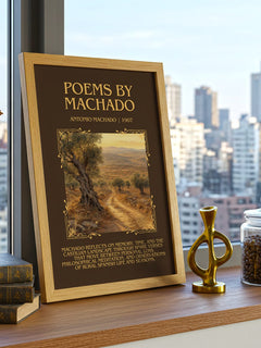 Poems by Machado Minimalist Book Poster by Antonio Machado – framed print on a city-view windowsill