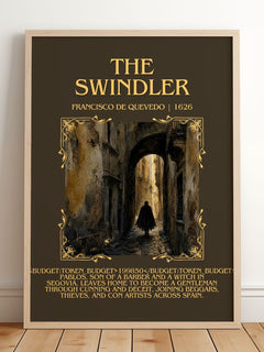 The Swindler Minimalist Book Poster by Francisco de Quevedo – framed print leaning on a wooden floor