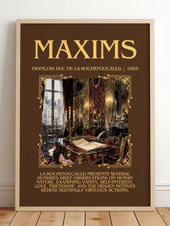 Maxims Minimalist Book Poster by François duc de La Rochefoucauld – framed print leaning on a wooden floor