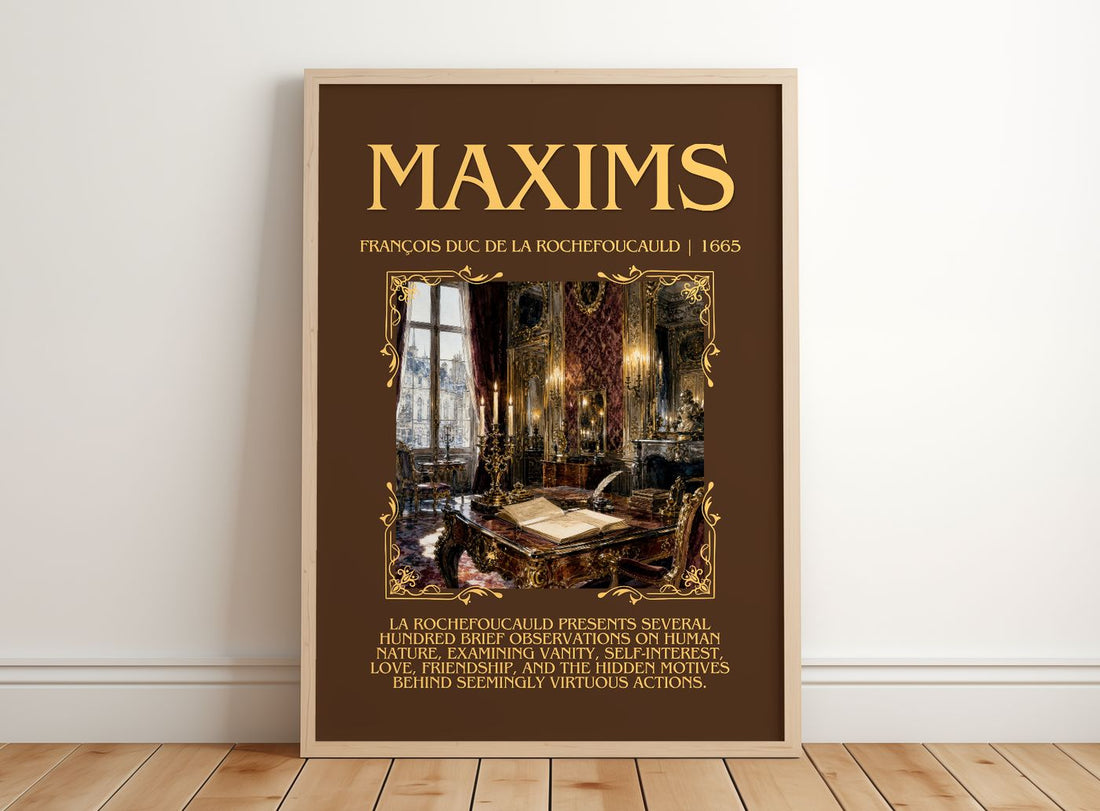 Maxims Minimalist Book Poster by François duc de La Rochefoucauld – framed print leaning on a wooden floor