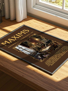 Maxims Minimalist Book Poster by François duc de La Rochefoucauld – print on a sunlit desk