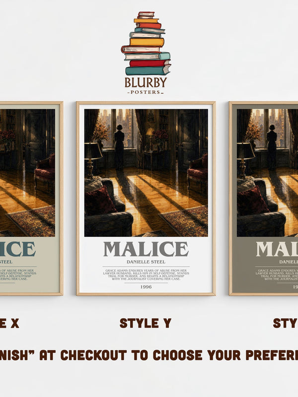 Malice bookish print in frame leaning in hallway – thriller wall art