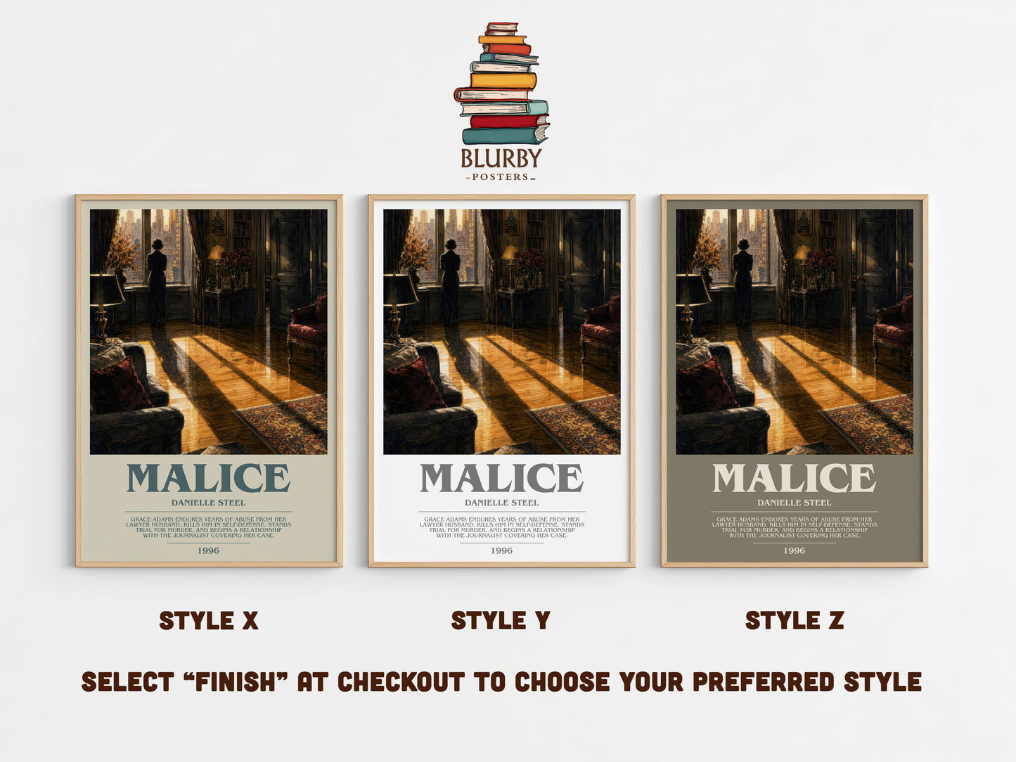 Malice bookish print in frame leaning in hallway – thriller wall art
