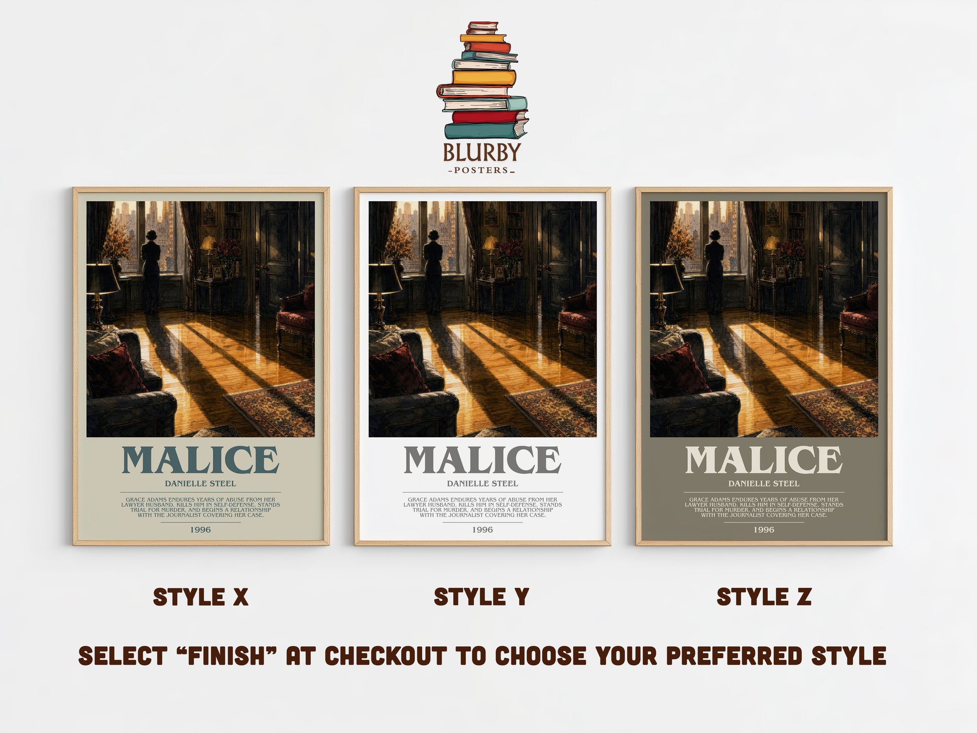 Malice bookish print in frame leaning in hallway – thriller wall art