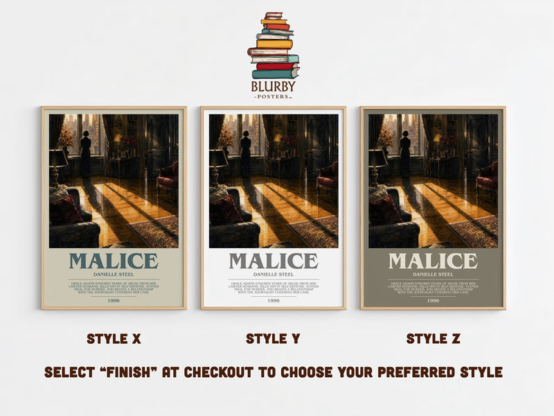 Malice bookish print in frame leaning in hallway – thriller wall art