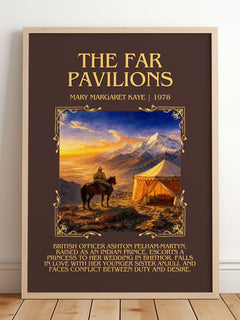 The Far Pavilions Minimalist Book Poster by Mary Margaret Kaye – framed print leaning on a wooden floor