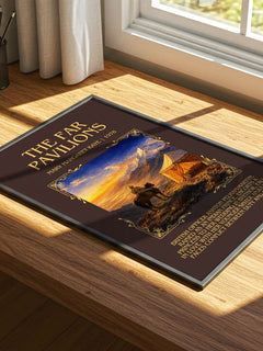 The Far Pavilions Minimalist Book Poster by Mary Margaret Kaye – print on a sunlit desk