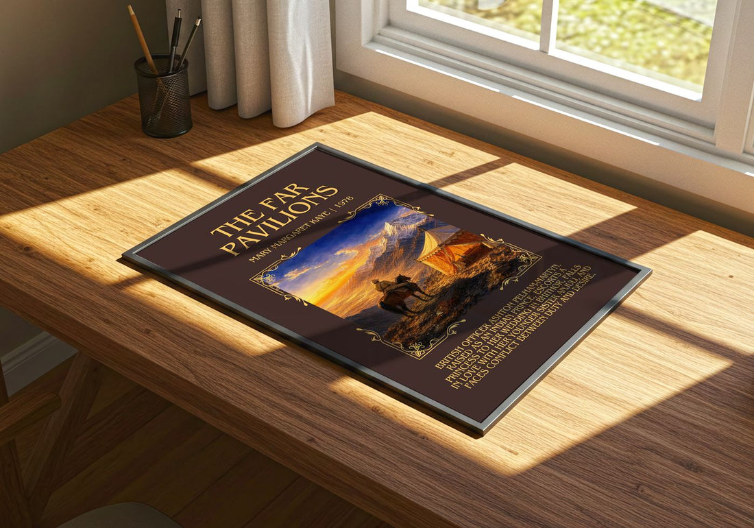The Far Pavilions Minimalist Book Poster by Mary Margaret Kaye – print on a sunlit desk