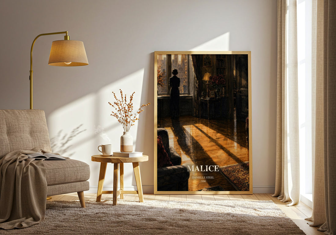 Malice watercolour print in frame leaning in hallway – thriller wall art (mockup)