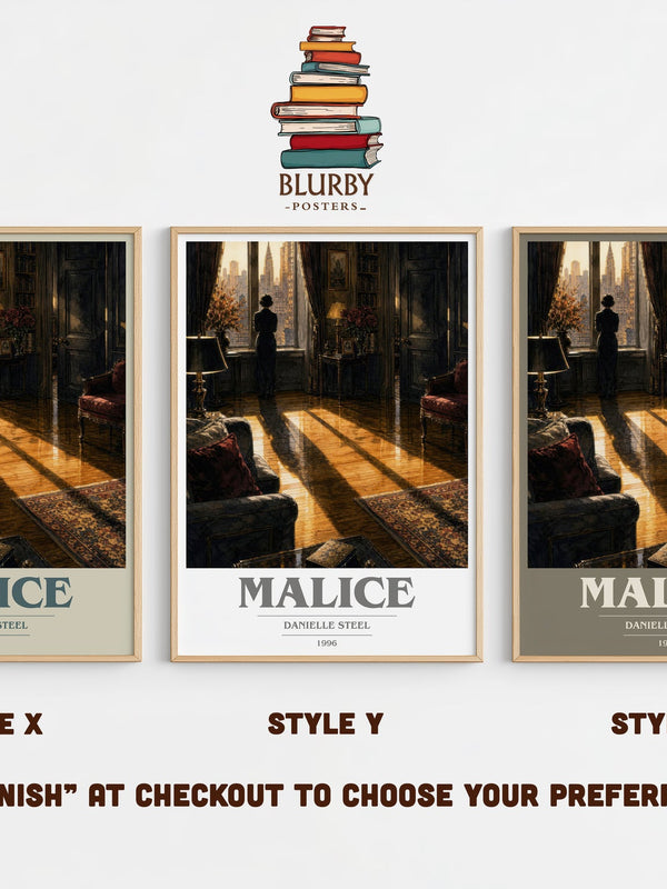 Malice book cover print in frame leaning in hallway – thriller wall art