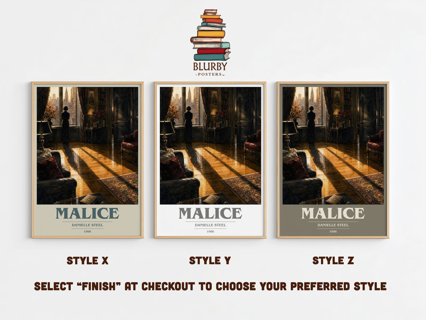 Malice book cover print in frame leaning in hallway – thriller wall art