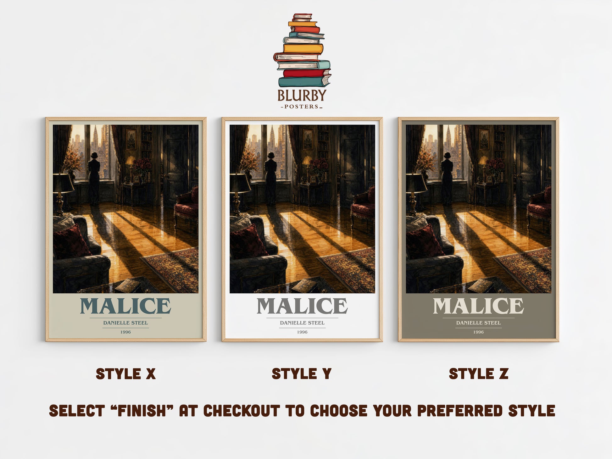 Malice book cover print in frame leaning in hallway – thriller wall art