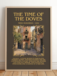 The Time Of The Doves Minimalist Book Poster by Merce Rodoreda – framed print leaning on a wooden floor
