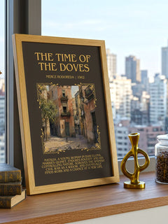 The Time Of The Doves Minimalist Book Poster by Merce Rodoreda – framed print on a city-view windowsill