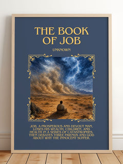 The Book of Job Minimalist Book Poster by Unknown – framed print leaning on a wooden floor