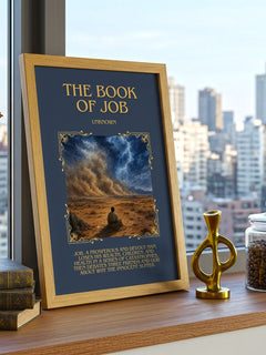 The Book of Job Minimalist Book Poster by Unknown – framed print on a city-view windowsill