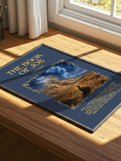 The Book of Job Minimalist Book Poster by Unknown – print on a sunlit desk