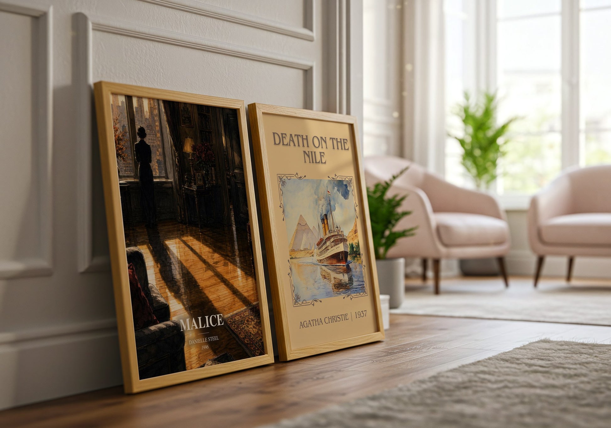 Malice watercolour print framed by window – literary home decor