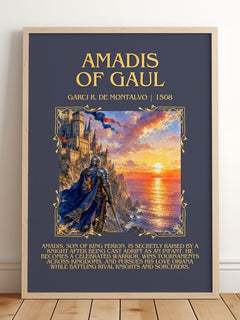Amadis of Gaul Minimalist Book Poster by Garci R. de Montalvo – framed print leaning on a wooden floor