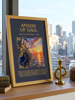Amadis of Gaul Minimalist Book Poster by Garci R. de Montalvo – framed print on a city-view windowsill